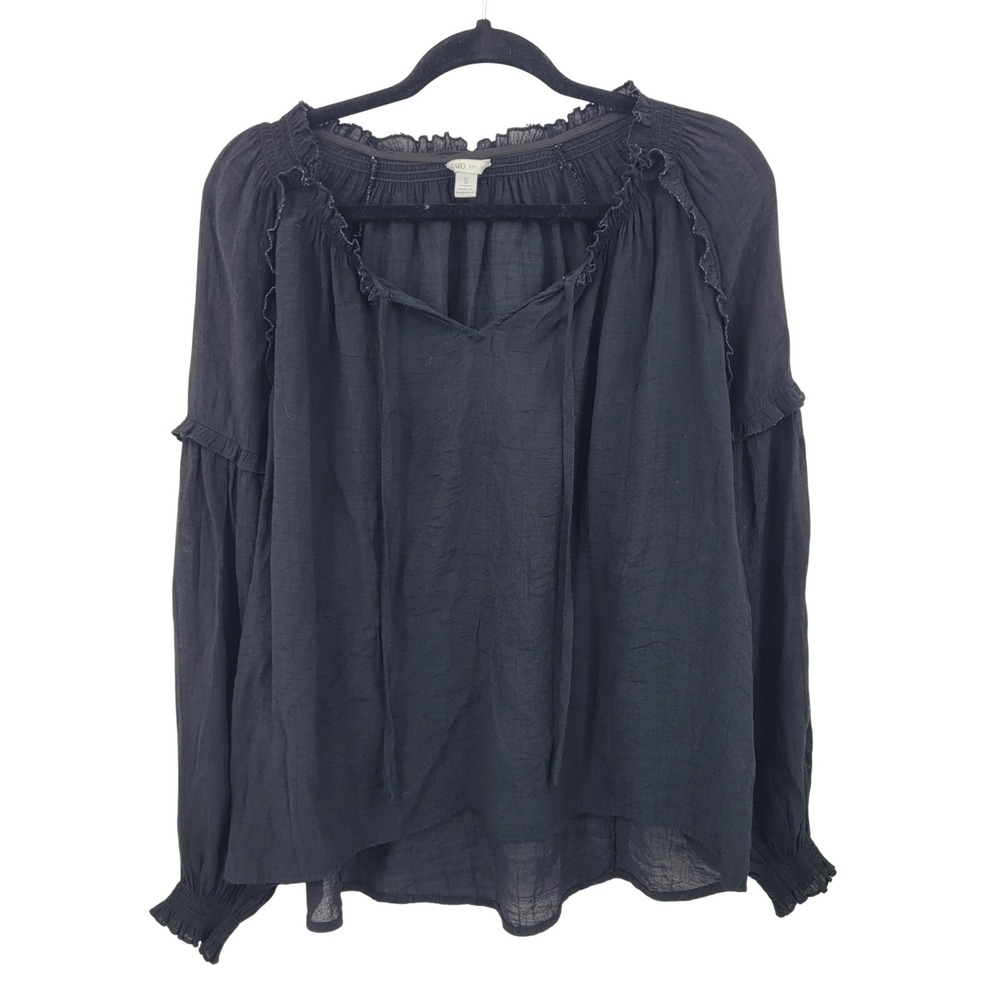 Vtg Goth Black Peasant Blouse Tie Neck Ruffle Smocked Balloon Sleeve Gauze Sz S